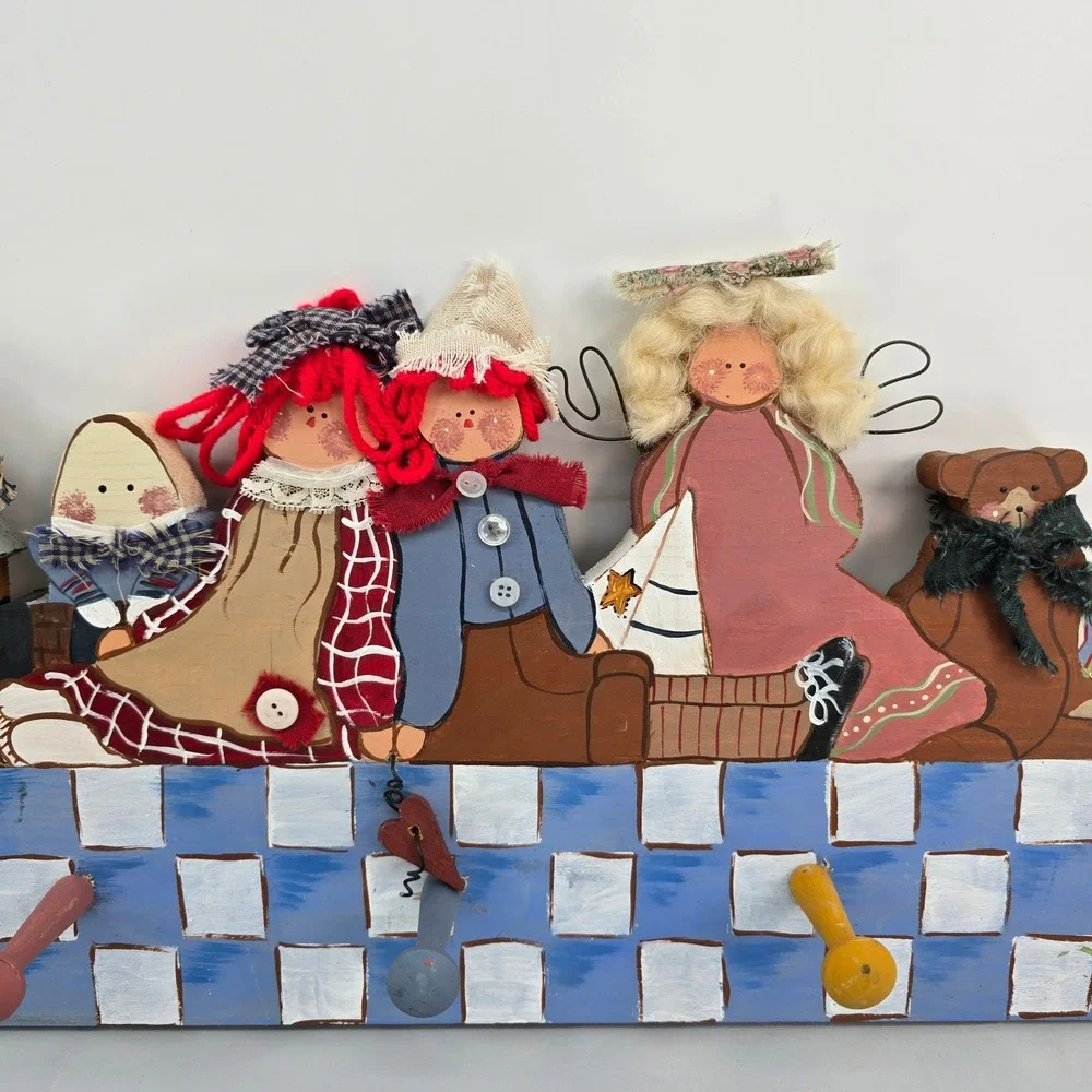 Vintage Folk Art Wooden Wall Peg Rack Noahs Ark Angel Raggedy Ann Humpty Dumpty